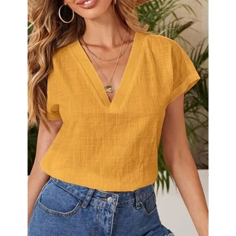 Women's Solid Casual Shirts & Blouses for Women 2024 Summer Vintage Fashion Elegant Youth Female Tops Blusas Para Mujer