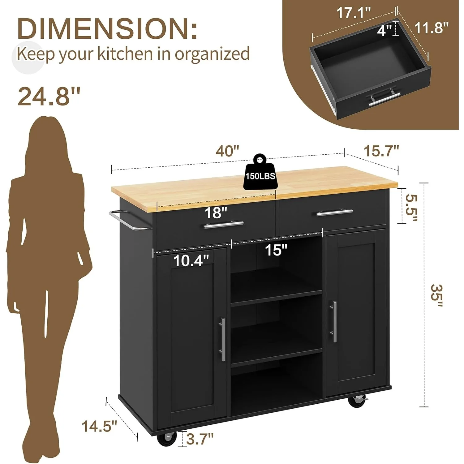 Kitchen Island with Storage Cart Table Rolling Butcher Block on Wheels Portable Large Mobile Counter Drop Black