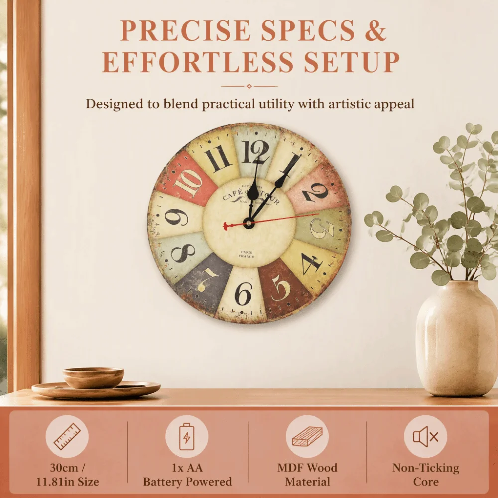 12 Inch Quartz Wall Clock Silent Movement Colorful Finish Wooden Wall Clock MDF Material Battery Operated Home Decor Clock