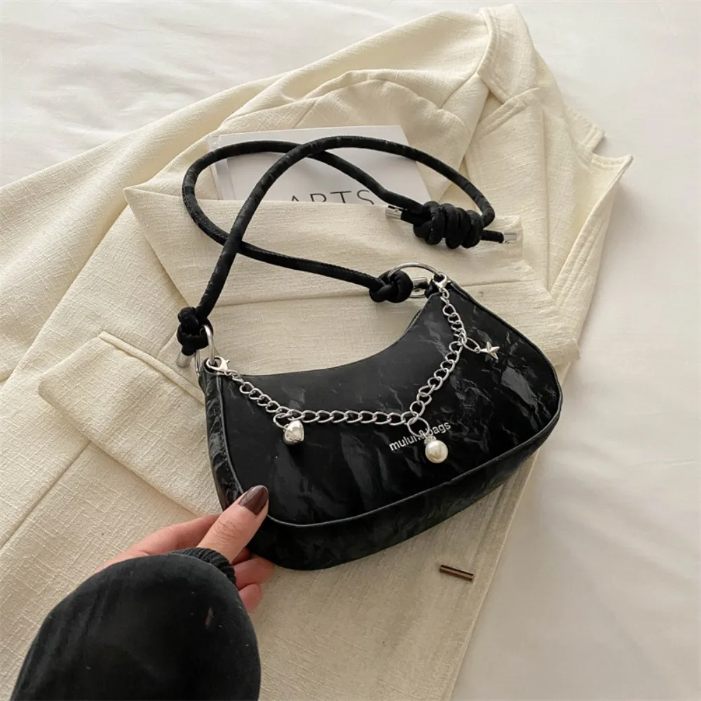 

Ins PU Leather Simple Crossbody Bag Metal Chain Half Moon Bag Hobos Handbag Solid Color Handbag Shoulder Bag Streetwear
