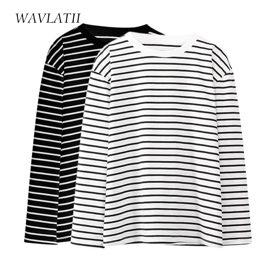 WAVLATII Women New Black White Stripe Tops Female Fashion Soft Cotton Spandex T shirts Lady Long Sleeve Casual Tees WLT2399