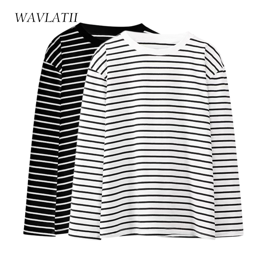  WAVLATII Women New Black White Stripe Tops Female Fashion Soft Cotton Spandex T shirts Lady Long Sleeve Casual Tees WLT2399 