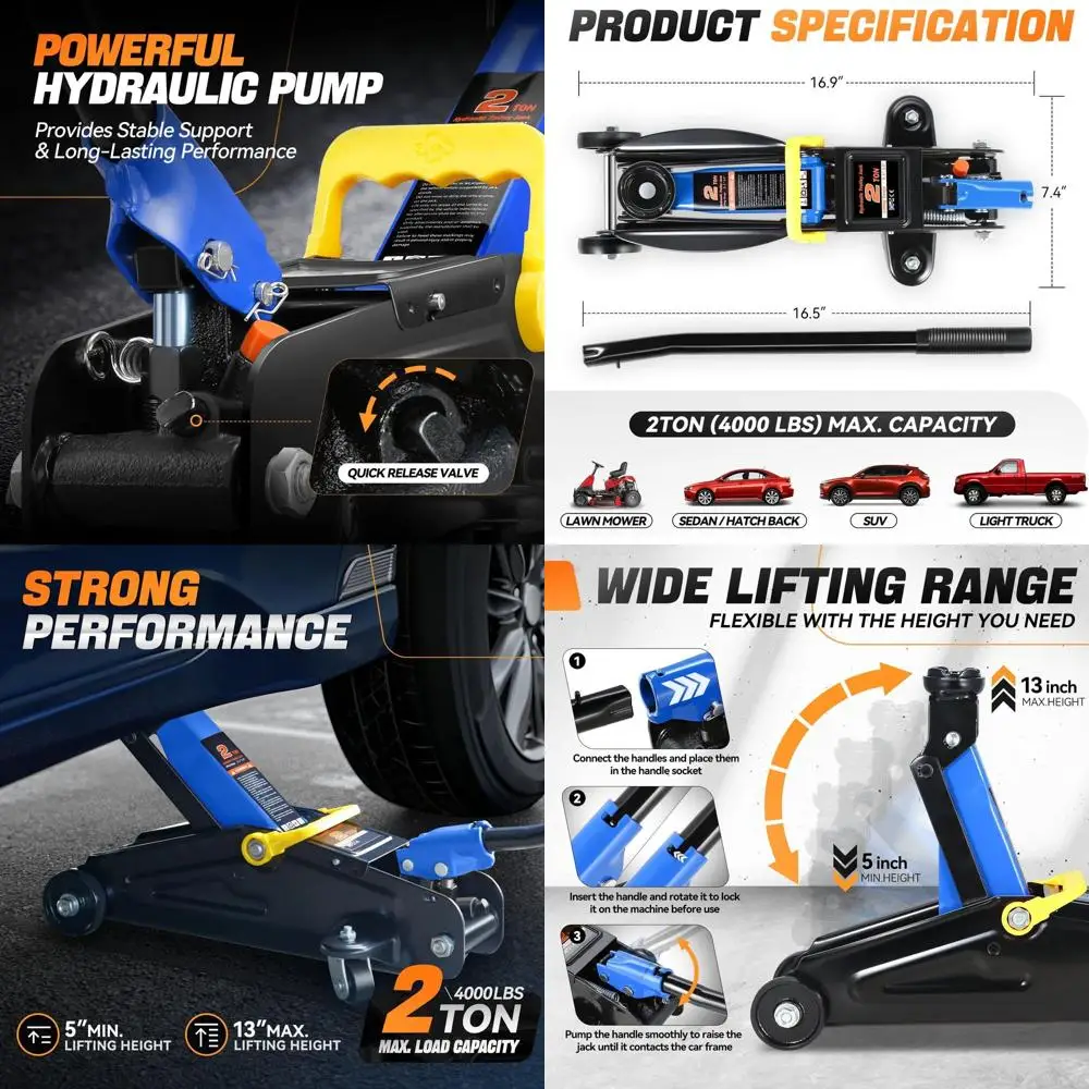 

Мощный однопоршневой стальной гидравлический автомобильный домкрат, быстродействующий насос, диапазон подъема 5.1-13, синий