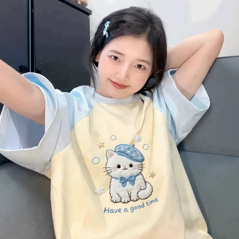 Chic Sweet Cat Beret Printing Raglan Color Block Oversized Pastel Soft Cotton Kawaii T Shirt Kawaii Campus Preppy Style Korean