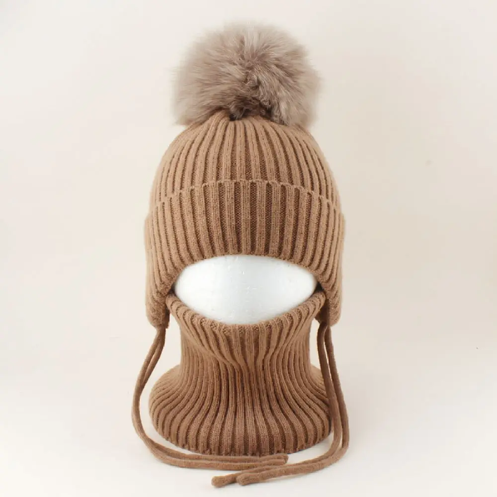 Childrens Warm Knitted Beanie Scarf Set Real Pom Poms Thick Soft Plush Lined Ear Protection Outdoor Hat For DANCHAOFAN