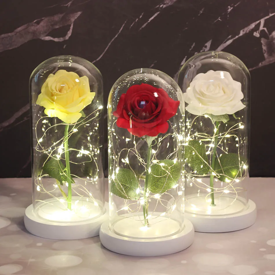 Beauty And Beast Rose In Flask LED Rose Flower Light white Base Glass Dome Best For Mother's Day Valentines Day halloween gifts