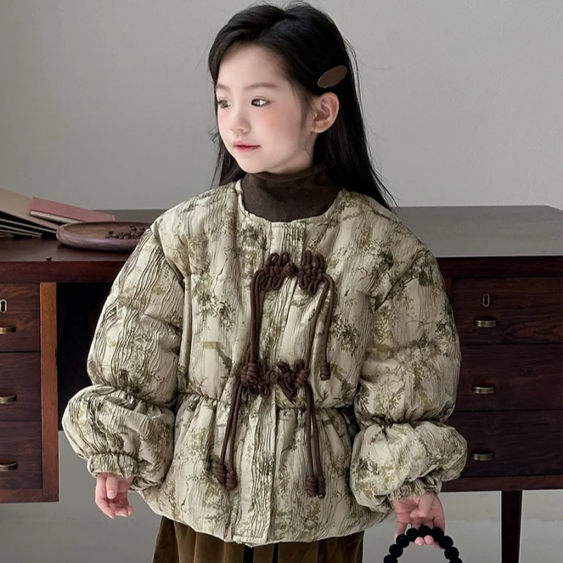 2025 شتاء دافئ موضة 2 3 4 5 6 8 سنوات الأطفال سماكة بطة أسفل ريشة نبات كامل طباعة الاطفال طفل الفتيات سترة معطف