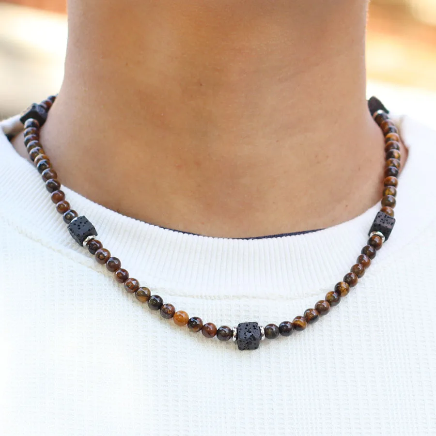 Stylish Natural Stone Necklace For Men Stainless Steel Buckle 6mm Lava Tiger Eyes Howlite Beads Short Collar Healing Neck Joias