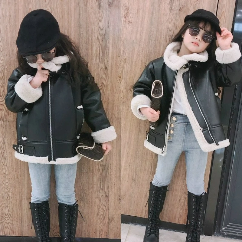 Girls' leather jacket with thickened fur and integrated coat top 2025  winter clothing new children's clothing 3-8 years old