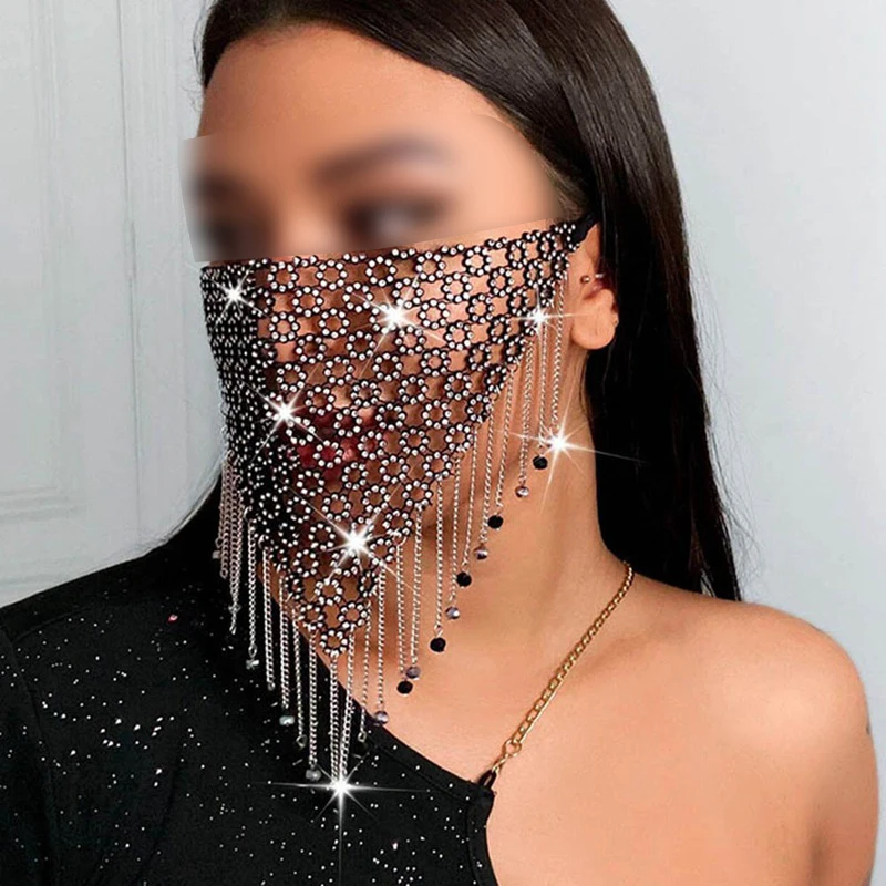 Shiny Rhinestone Mask Face Decor Bling Tassel Veil Mask Reusable Metal Crystal Dance Face Veil Bandana Masquerade Party Jewelry