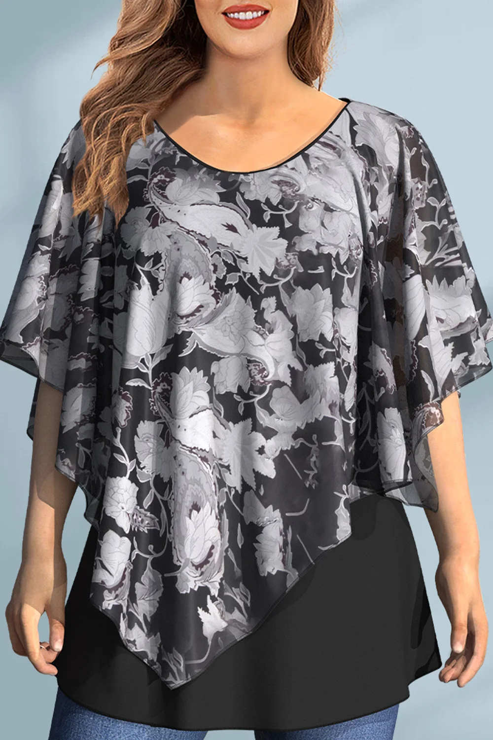 

Flycurvy Plus Size Dressy Black Floral Print Ruffle Batwing Cape Sleeve Layered Blouse Round Neck Tops