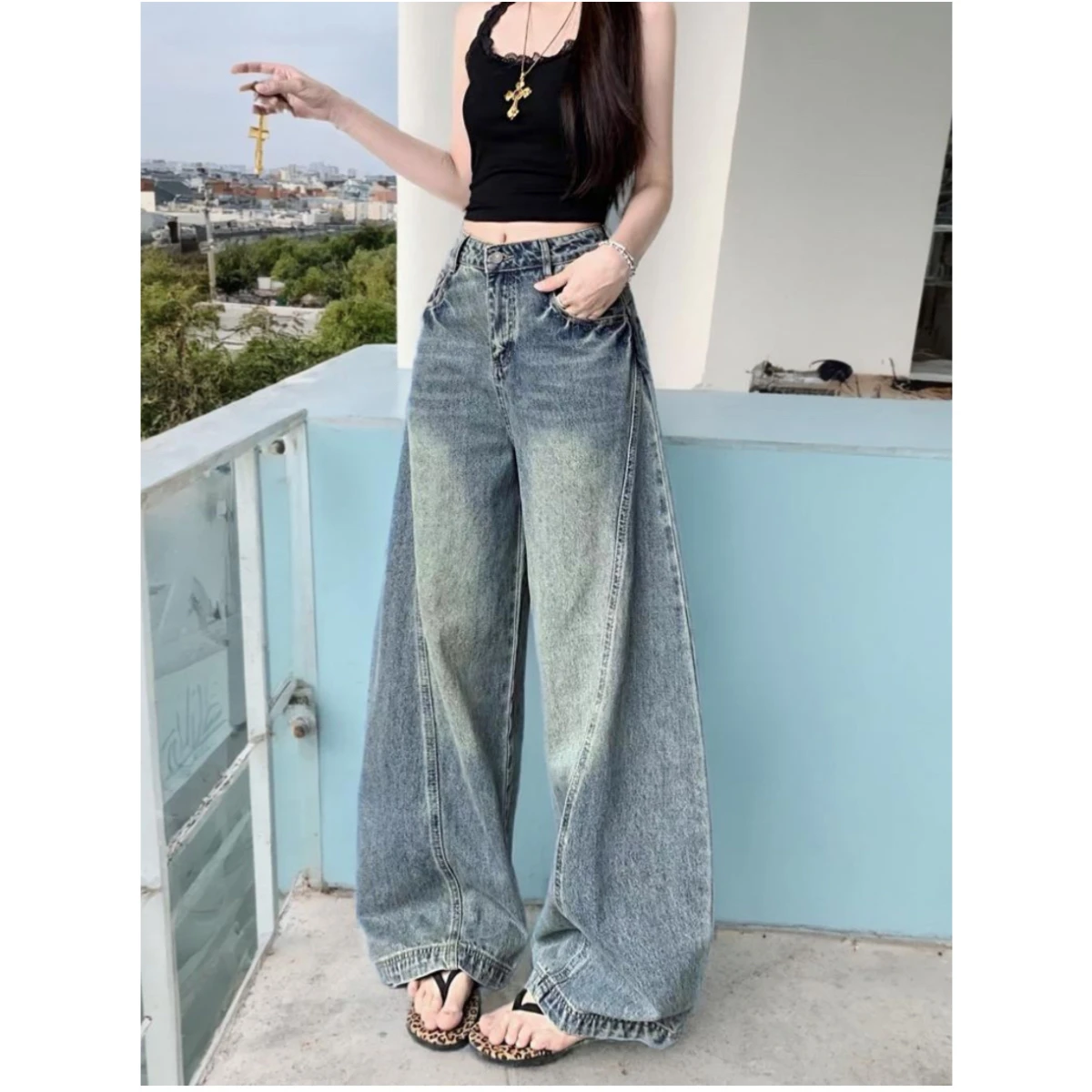 

Винтажные женские джинсы с широкими штанинами, с высокой талией, свободного кроя, из денима, в стиле Y2K, повседневные, дизайнерские, прямые, длинные брюки в пол