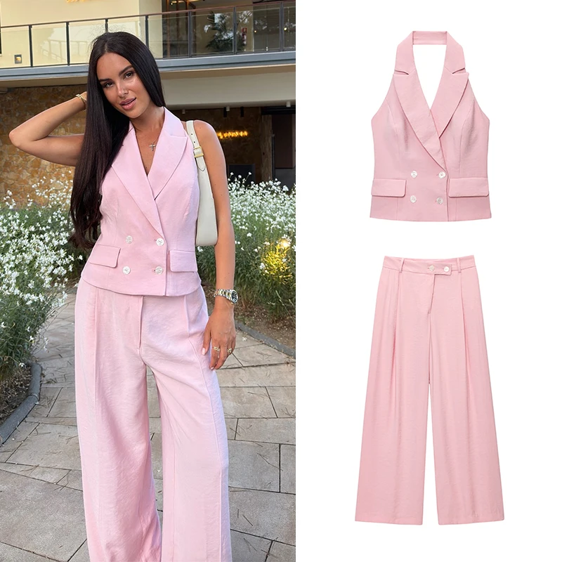 

Summer Pants Sets Women's 2025 New Suits Chic Hanging Neck Slim Elegant Travel Women's Sets Fashion Youth Holiday 2-piece Set