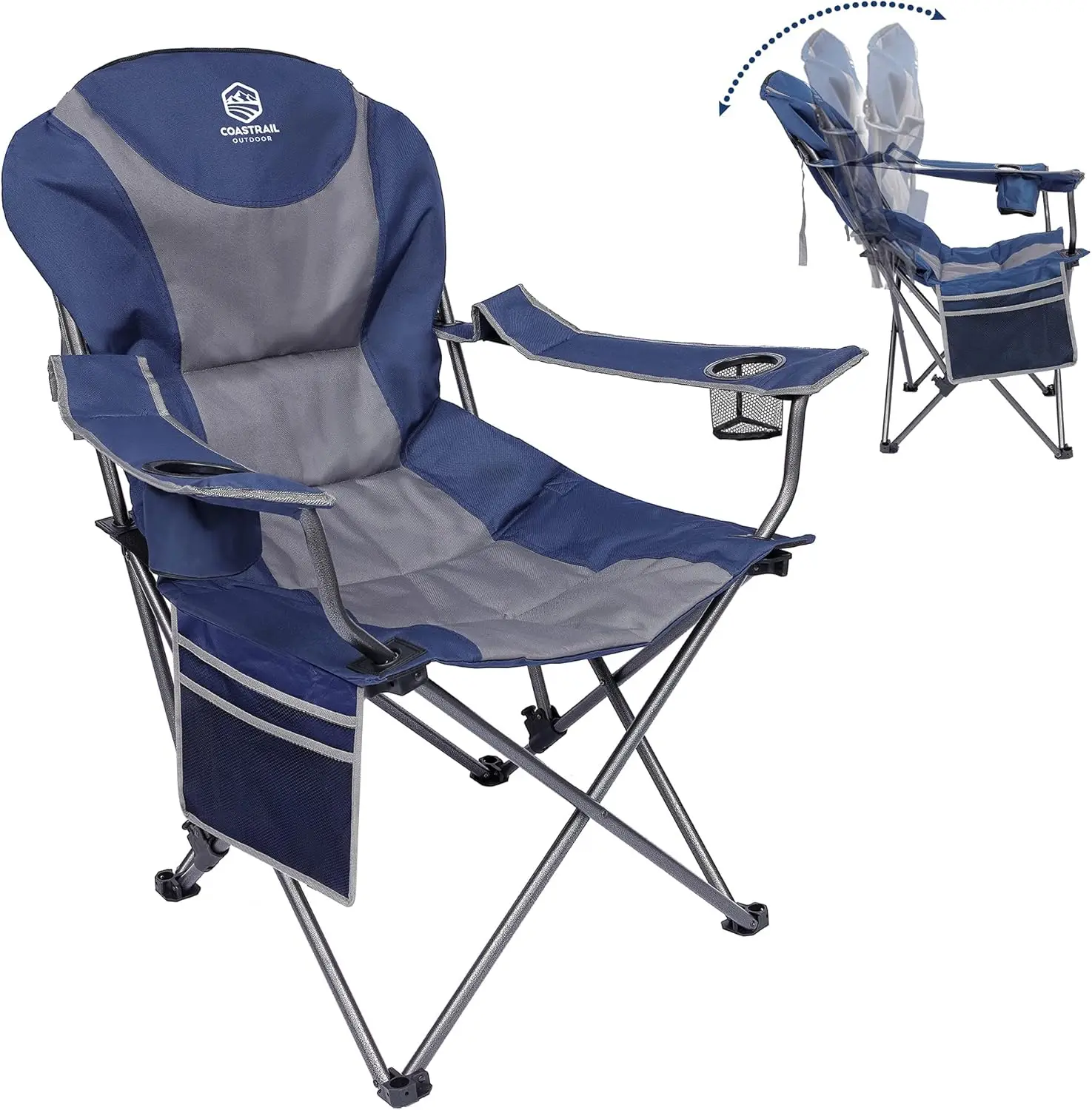 

Reclining Camping Chair 3 Position Folding Lawn Chair For Adults Padded Comfort Camp Chair With Cup Holders, Head Bag And Side