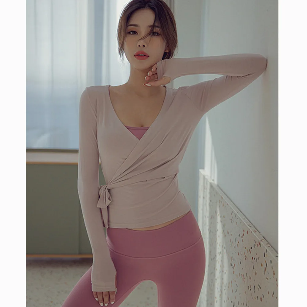 Autumn Winter Tie Rope Long Sleeve Sports Fitness Top Women's Yoga Shirt