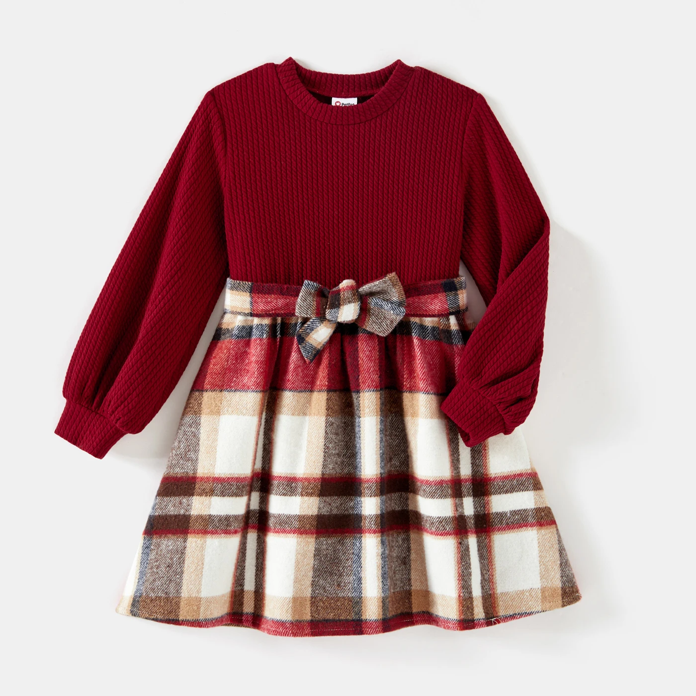 PatPat Family Matching Solid Ribbed Spliced Plaid Belted Dresses and Long-sleeve Button Up Shirts Sets