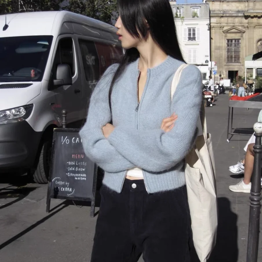 

Круглый вязаный кардиган с двойной молнией Ne, женский классический осенний ветровка 2025, пальто с верблюжьим волосом, верхняя одежда