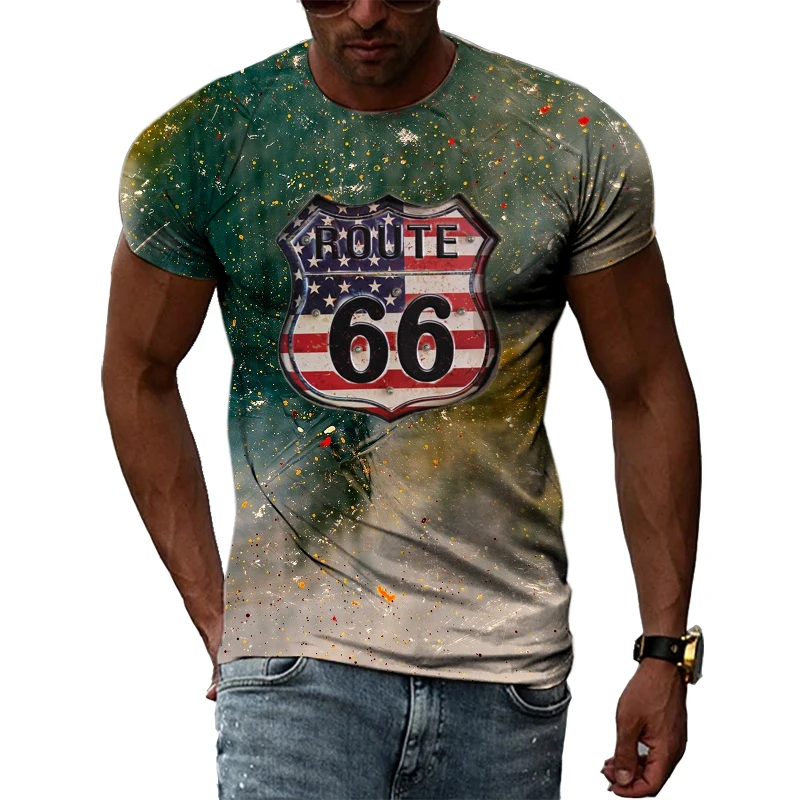 

New Summer Men Cool Street Route 66 Design 3d Printed Fashion O Collar Short Sleeve Loose Plus Size Breathable Top T-Shirt