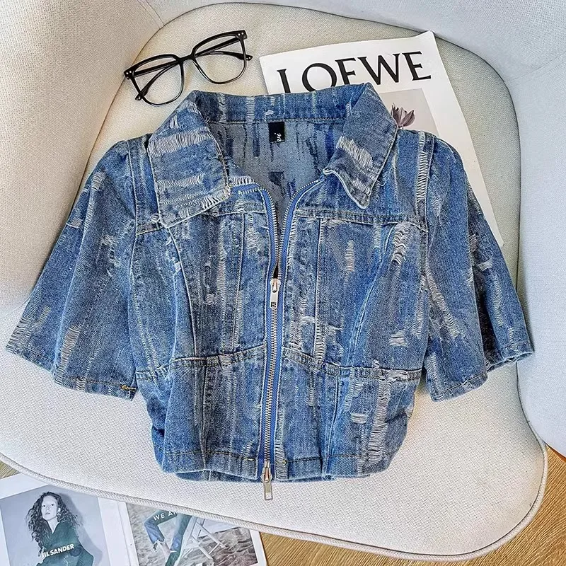 Summer Y2k Retro Workwear Denim Shirt Women New Water Washed Gradual Torn Hole Closing Waist Slim Fit Korean Chic Top Short Coat