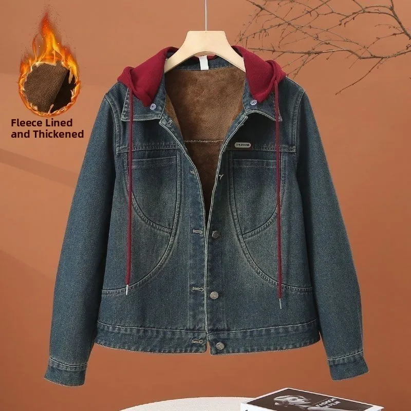 

Женская джинсовая куртка с капюшоном на подкладке Fce, зимняя новинка, универсальная молодежная и модная верхняя одежда