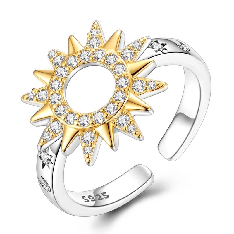 925 Sterling Silver Two-tone Sun Star Adjustable Open Ring Paved Zircon Moon Star Band Light & Hope Symbol Jewelry Gift