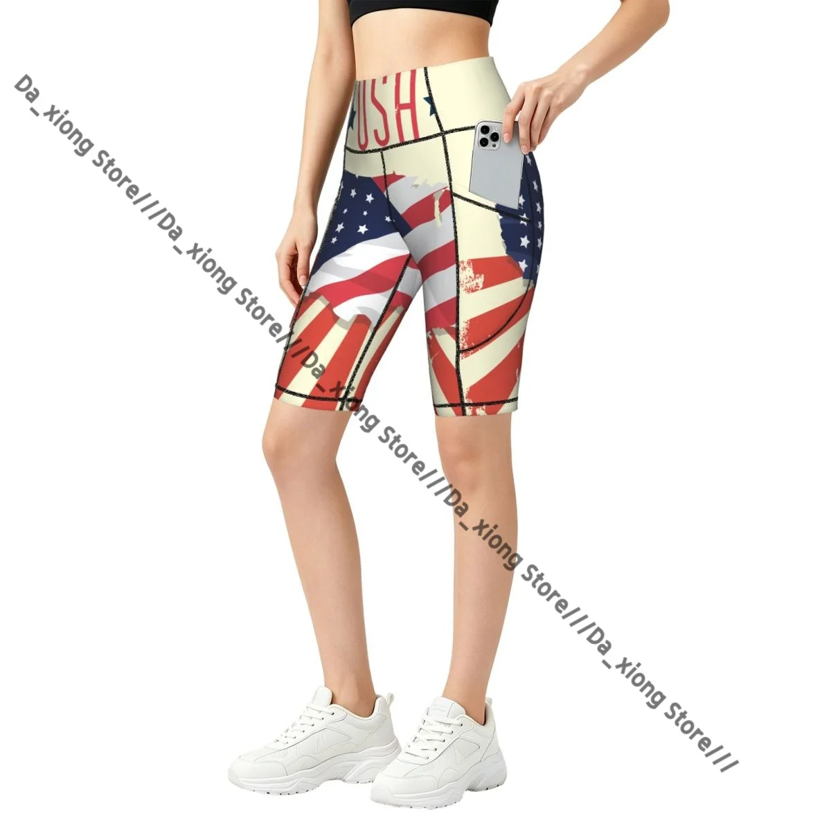 Ladies Yoga Shorts USA Map With Flag Breathable Gym Running Workout Pants