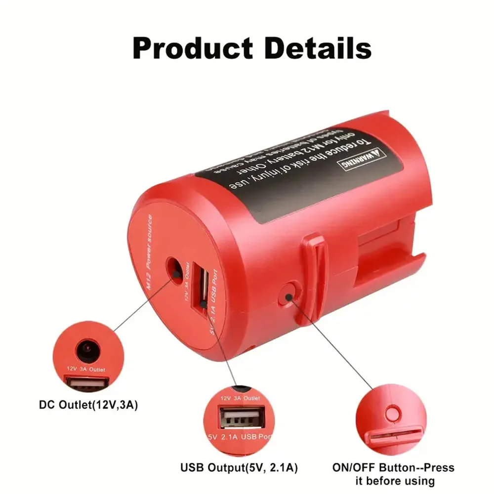 

M-12 Battery Adapter with USB and DC 12V Port Compatible for Milwaukee M-12 12V Lithium Battery Power Adapter for Heated Jackets