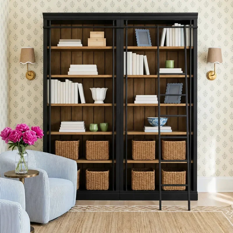 American Retro Style Solid Wood Bookcase Multifunctional Storage Cabinet with Ladder for Home Living Room and Study