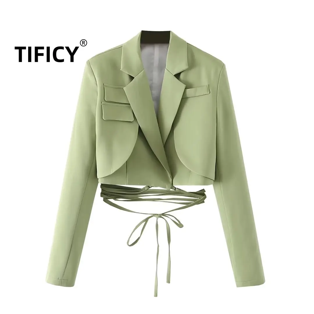 TIFICY Korean Edition Blazers Crop Tops Women\'s Fashion Solid Color Waist Tie Rope Short Suit Coat