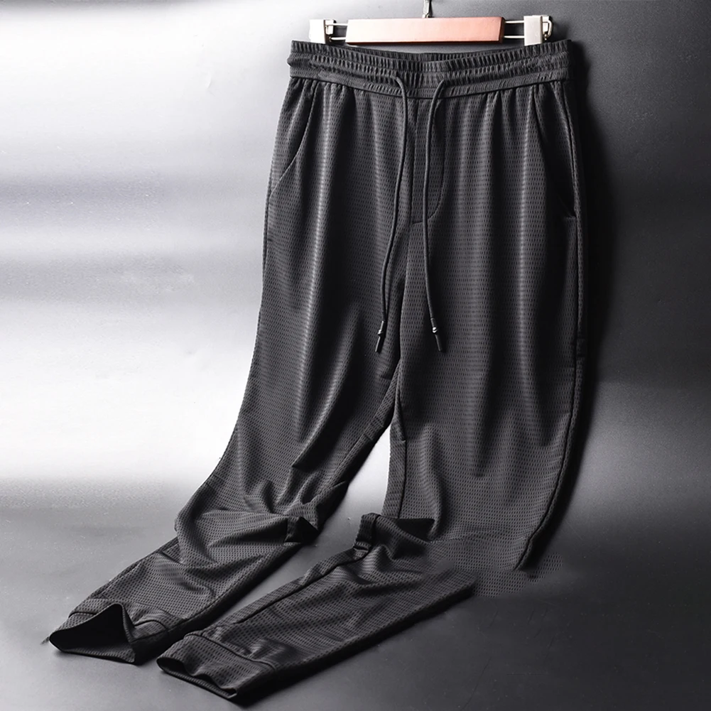 Pantalones holgados de seda de hielo para hombre, Pantalón deportivo de malla de secado rápido, ropa de calle fina, novedad de 2023