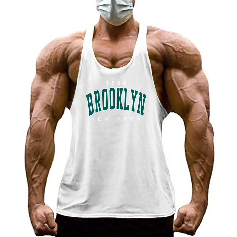 1898 Brooklyn New York Print Sport Vests Men Fitness Muscle Sleeveless Y-back Shirt Gym Bodybuilding Cotton Breathable Tank Tops