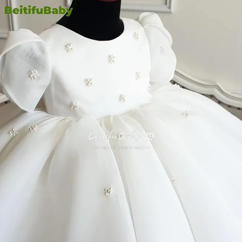 BeitifuBaby Flower Girls Dresses Princess Style Round Neck Pearl Decoration Short-sleeved Gown Ball Wedding Dress for Children