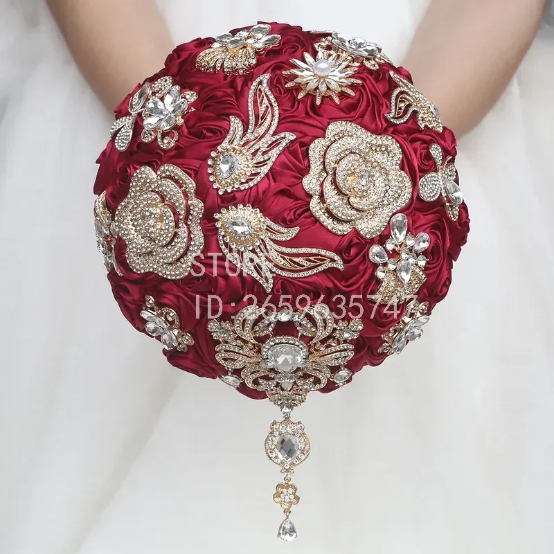 for Amazon Burgundy Satin Rhinestone Bride Handmade Rose Bouquet Wedding Supplies Spot Wholesale W5627