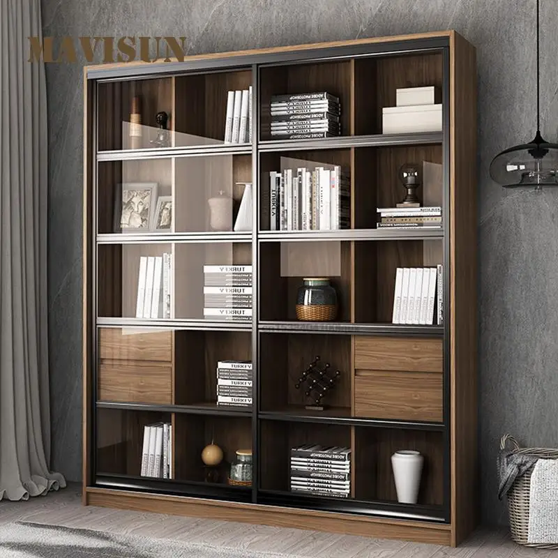 Sliding Door Bookcase Simple Modern Glass Bookcase Shelf Decoration Floor Study Cabinet Small Apartment Living Room Furniture