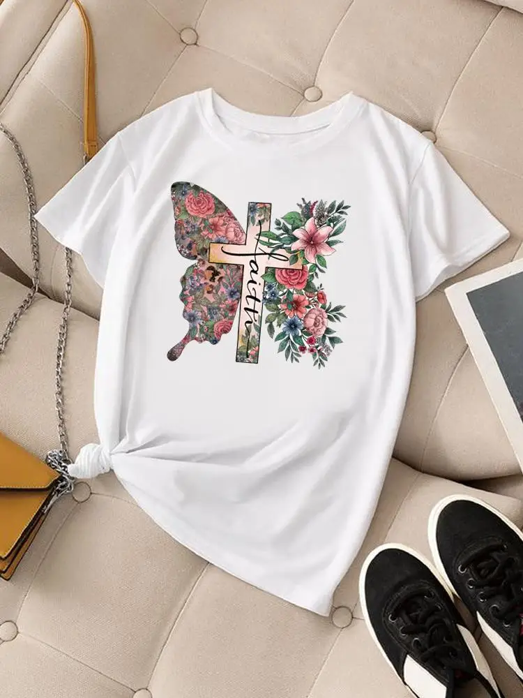 Graphic T-shirts Clothing Print Short Sleeve Top Butterfly Flower Faith Style Cartoon Fashion Women Tshirt Printing Tee