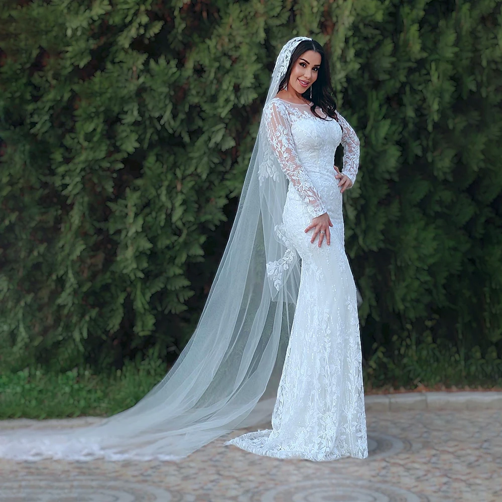 

Lace Wedding Dresses O-Neck Long Sleeve Bride Dress with Sequined Luxury Mermaid Garden Bridal Gown Customized robe de mariée
