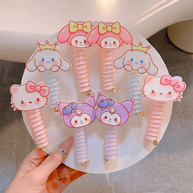 1PC New Sanrio Kuromi Lovely Embroidered  Elastic Spiral Hair Rope Head Rope Ponytail Hair Ring Rubber Band Headdress For Kids