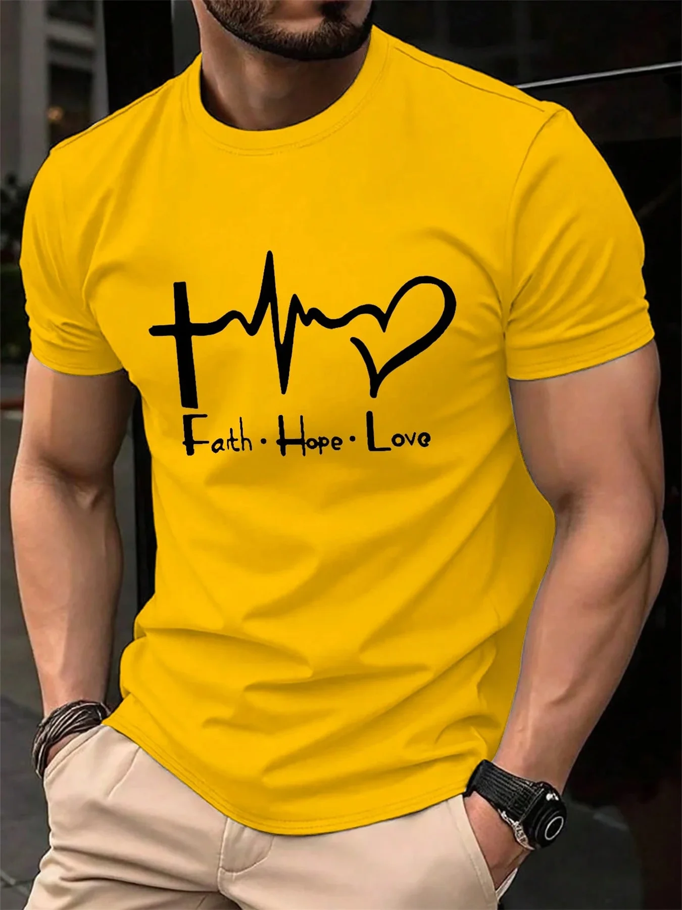 Men's Summer 100% Cotton Fashionable Casual Loose Large Size FAITH HOPE LOVE Printed Sports Round Neck Short Sleeve T-shirt Top image 4