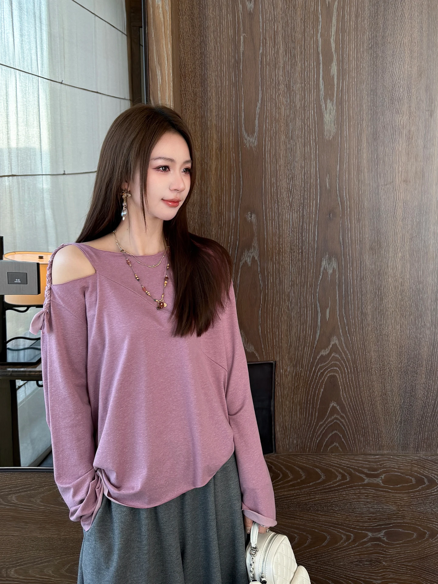 

Loose Fit Linen Cotton T-Shirt Asymmetric Korean Style Spring 2026 Casual round Neck Long Sleeve Women's Top Multi-Faceted Re...