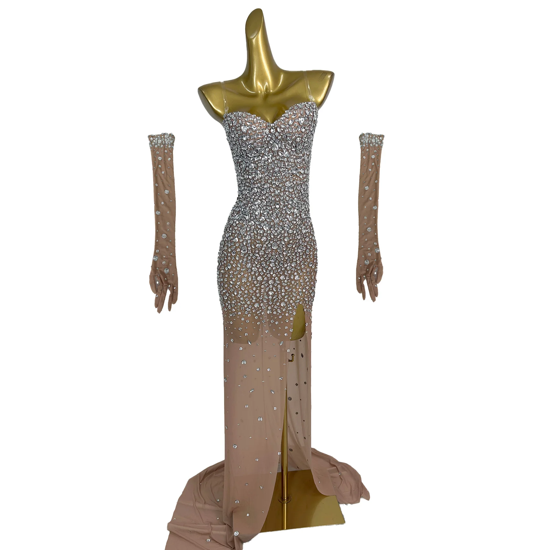 Hainiao Abito da sera da donna di lusso di fascia alta con strass argento Abito da ballo senza spalline in rete sexy Abito da cocktail per cena di nozze