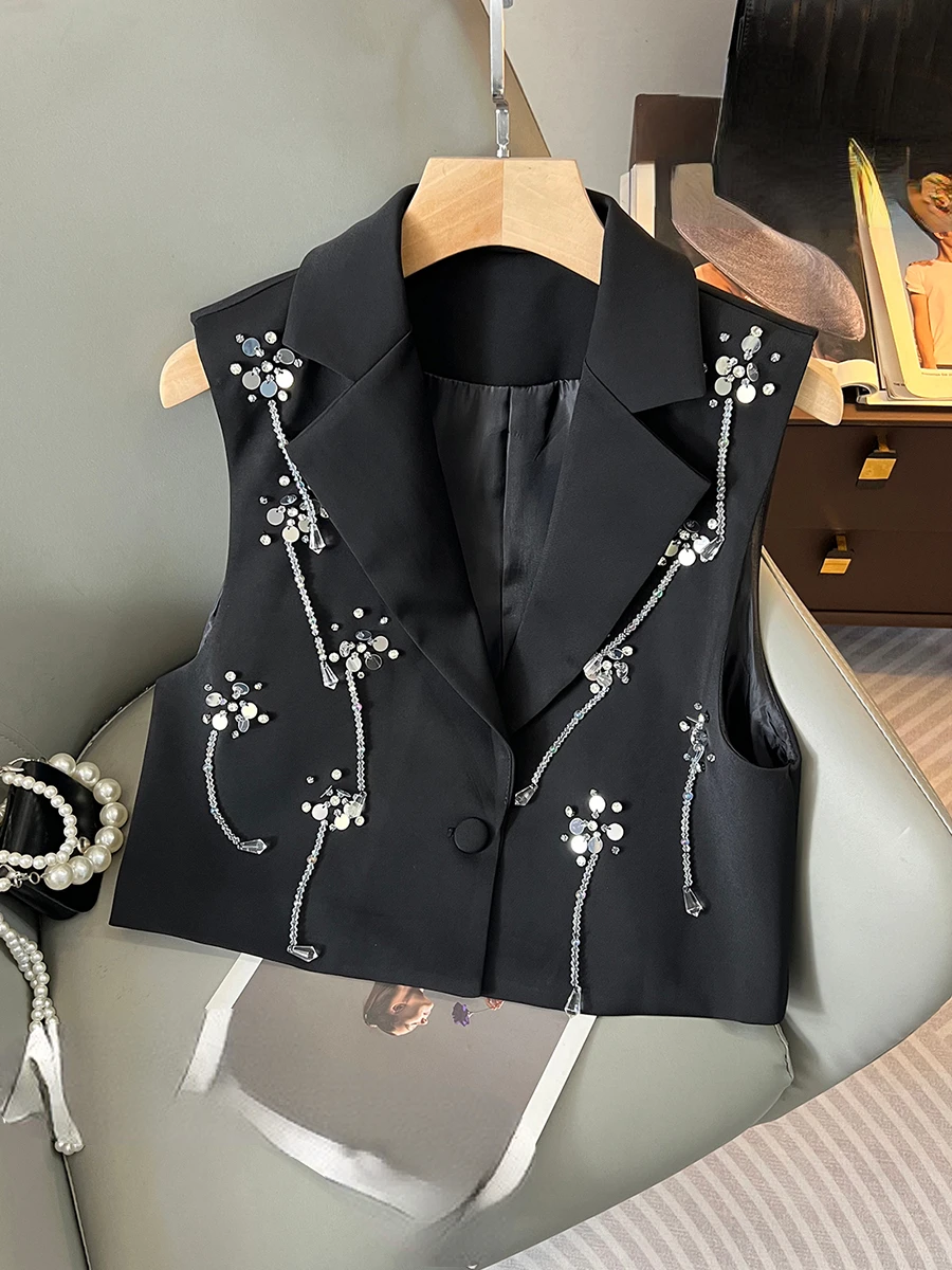 Feminine Solid Color Blazer Vests Female 2024 Summer New All-Match Sequined Diamonds Short Vest Sleeveless Nice Women’s Vests