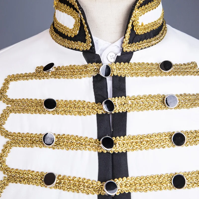 رجل السترة موحدة ثوب أبيض مطعمة مع الذهب المحكمة الأوروبية أداء ملابس رقص للعرض رئيس الرجال ملهى ليلي DJ معطف #4