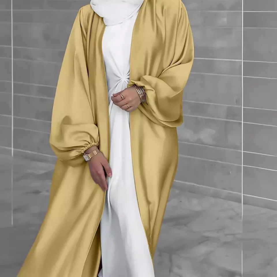 

Fashion Loose Solid V-neck Dress For Women Elegant Lantern Sleeves Lace Up Split Robe 2024 Autumn New Muslim Women Clothing