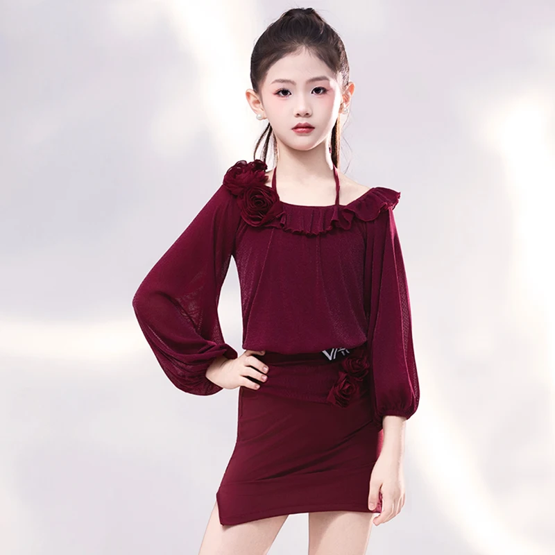 Costume de danse latine rouge vin pour filles, ensemble haut à manches longues et jupe, vêtements d'entraînement pour enfants, AMY2831