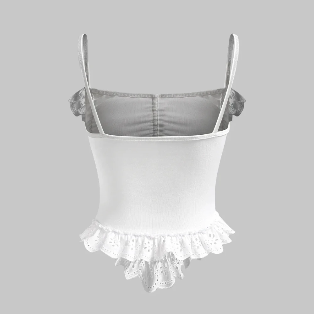 Francuska seksowna dziewczyna Y2K biała koronkowa bluzka z falbanką w stylu Ins, top na ramiączkach w stylu Pure Desire, dopasowany, wyszczuplający top damski, koronkowa kamizelka Pure Desire