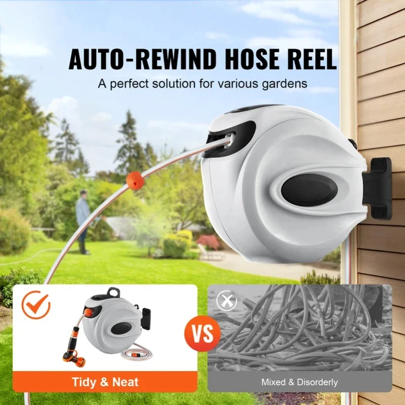 SucceBuy Retractable Hose Reel1/2 inch 180° Swivel Bracket Wall-Mounted Garden Water Hose Reel with 9-Pattern Nozzle and 3 Fast