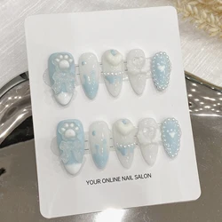 Handmade Press on Nails Light Blue Cute Bear Cat Claws Design Fake Nails French Pearls Love Decor Almond False Nail Tips