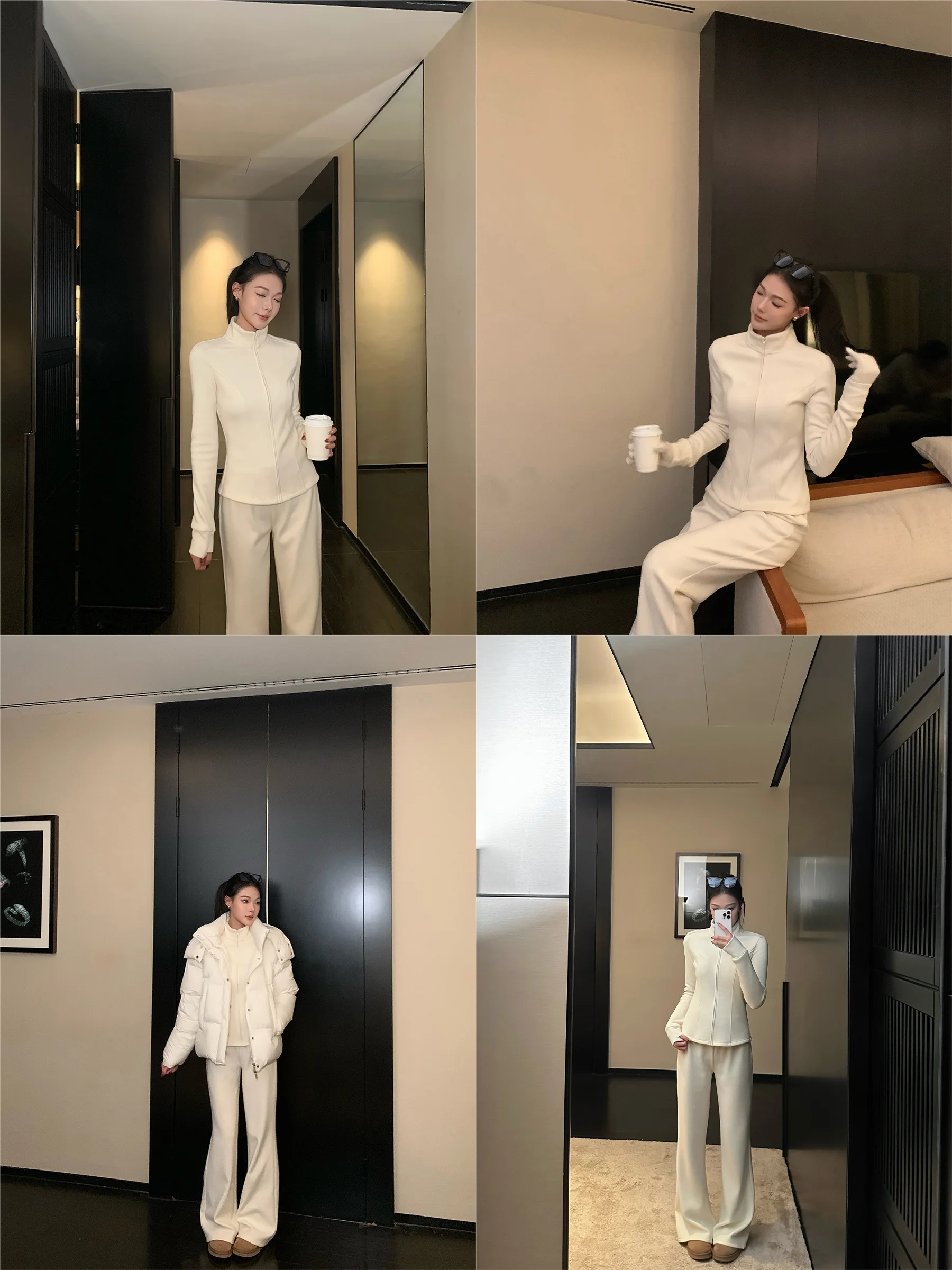 

5werkwen Warm Fce Lined Thiened Stand Collar Sweatirt And Flared Pants Set Comfortable Loose Fit Winter Faion Set