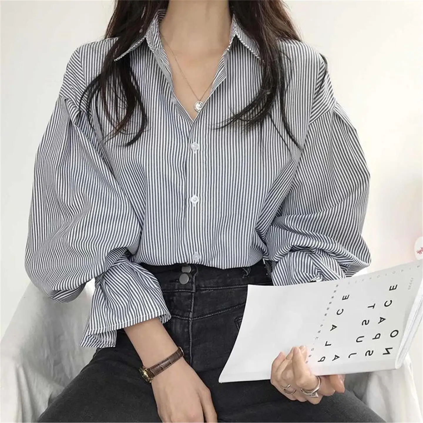 

Шикарный осенний мягкий синий полосатый фонарь irt Loose Lantern Sve с одной пуговицей Brandl Простой дизайн Fem Faion Premium Polye...