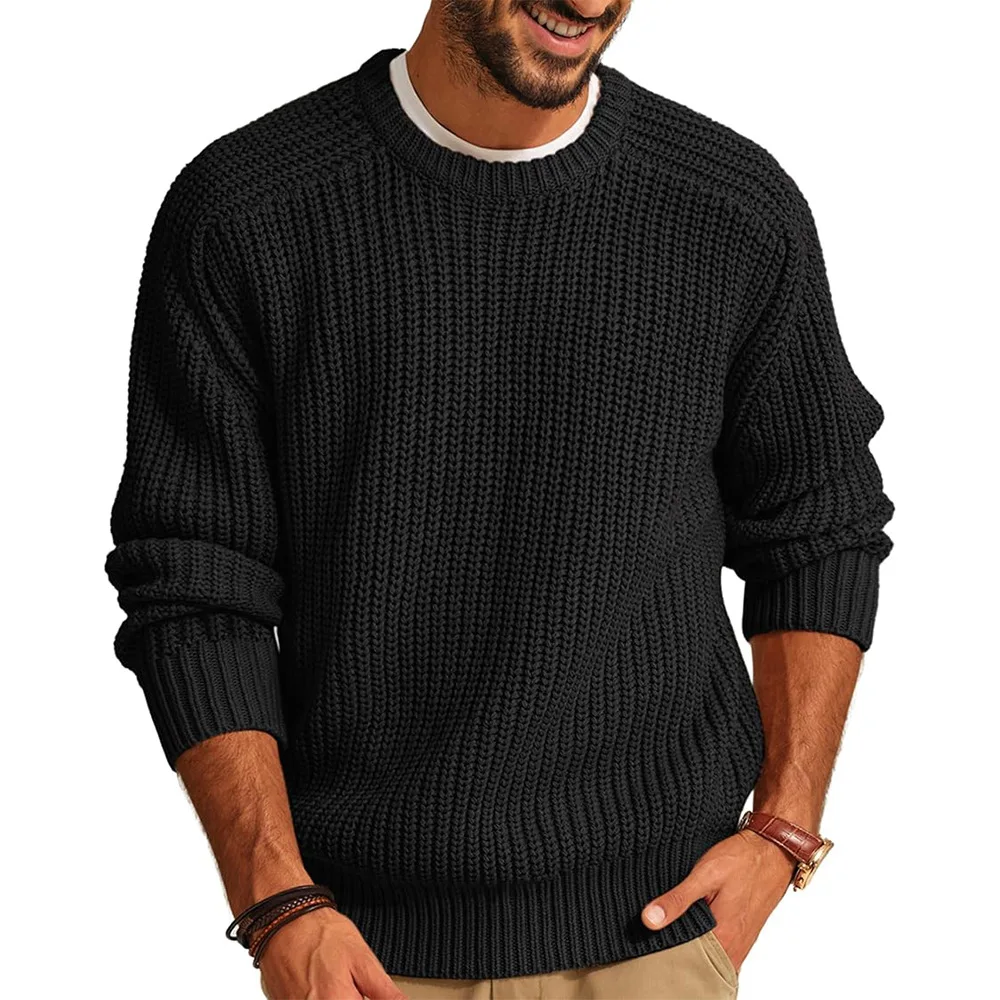 Men Round Neck Pullovers Vintage Solid Long Sleeve Jumpers Knit Sweater Loose Casual Basics Sweaters Autumn Winter 2025